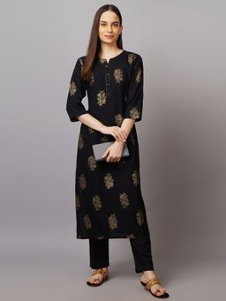 Shree - Women Rayon Black Ornamental Printed Kurta With Pant (Set Of 2)