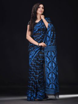 Beatitude - Black Cotton Silk Woven Jacquard Jamdani Saree with Unstitched Blouse
