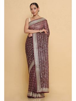 Soch - Women Wine Embellished & Sequined Saree with Unstitched Blouse