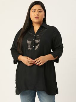 theRebelinme - Plus Size Women Black Color Shirt Collar Longline Top