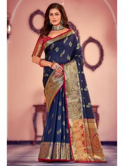 EXCLUSIVA - Navy Blue Banarasi Saree with Unstitched