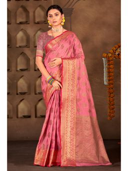 Sangam Prints - Pink Cotton Woven Zari Work Traditional Saree with Unstitched Blouse