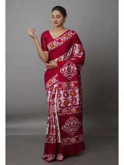 Unnati Silks - Maroon Pure Batik Kota Cotton Saree with Unstitched Blouse