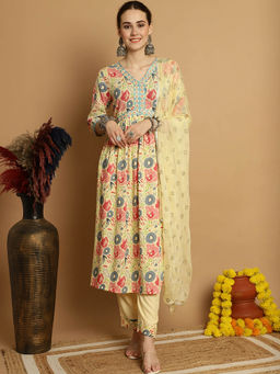 ANAISA - Women Yellow Printed Kurta Trousers with Dupatta (Set of 3)