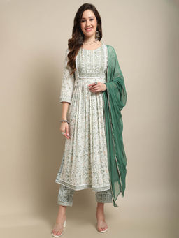 ANAISA - Women White Rayon Mirror Kurta with Trouser and Dupatta (Set of 3)