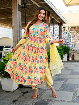 ANAISA - Women Yellow Floral Printed Kurta with Trousers & Dupatta (Set of 3)