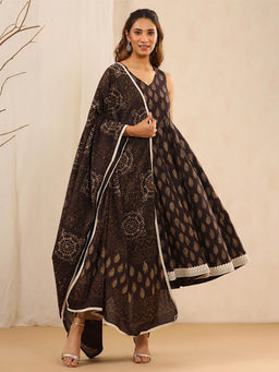 ANAISA - Women Brown Printed A-Line Kurta with Trousers & Dupatta (Set of 3)