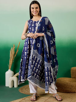 ANAISA - Women Indigo Blue Printed A-Line Kurta with Trousers & Dupatta (Set of 3)