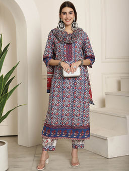 ANAISA - Women Printed Blue Cotton Kurta with Salwar & Dupatta (Set of 3)