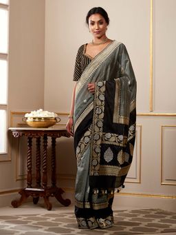 WeaverStory - Handloom Grey Tusser Silk Saree with Checks and Contrast Border