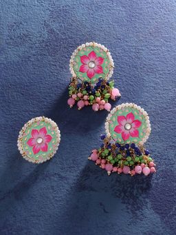Zaveri Pearls - Multicolor Meenakari Floral Cluster Beads Drop Earring & Ring-ZPFK14370 (Set of 2)