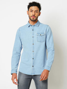 Bombay High - Mens Light Blue Solid Denim Shirt