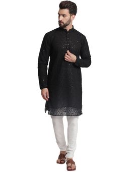 Treemoda - Designer Black Georgette Chikankari Kurta With Churidar Pyjama For Men (Set of 2)