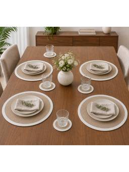 Prakartik - Braided Round Placemat With Coasters For Dining Table- Beige Pack Of 8