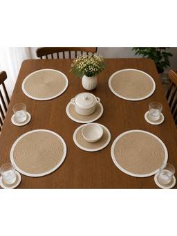 Prakartik - Braided Round Placemat With Trivet And coasters -Beige Packof 10