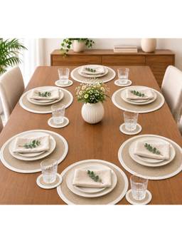 Prakartik - Braided Round Placemat With Coasters For Dining Table- Beige Round Pack Of 12