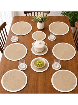 Prakartik - Braided Round Placemat With Trivet And coasters -Beige Pack Of 15