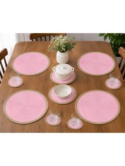 Prakartik - Braided Round Placemat With Trivet Andcoasters -Pink-Packof 10