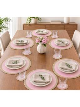 Prakartik - Braided Round Placemat With Coasters - Pink Round- Pack Of 12