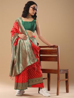 Akhilam - Women's Silk Blend Red Woven Design Designer Saree with Unstitched Blouse