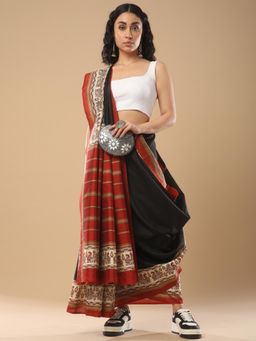 Akhilam - Women's Bhagalpuri Silk Black Printed Designer Saree with Unstitched Blouse