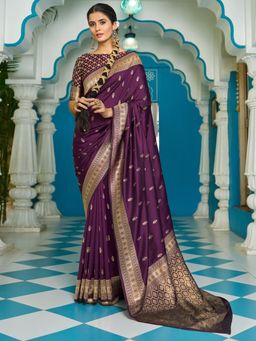 Akhilam - Women's Silk Blend Purple Woven Design Designer Saree with Unstitched Blouse
