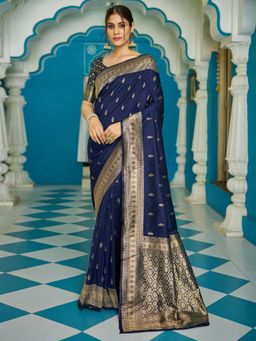 Akhilam - Women's Silk Blend Navy Blue Woven Design Designer Saree with Unstitched Blouse
