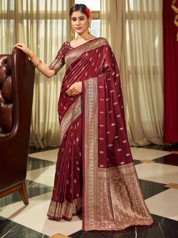 Akhilam - Women's Silk Blend Coffee Brown Woven Design Celebrity Saree with Unstitched Blouse