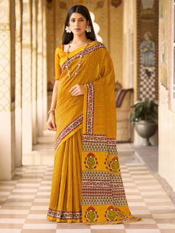Akhilam - Women's Bhagalpuri Silk Mustard Printed Designer Saree with Unstitched Blouse