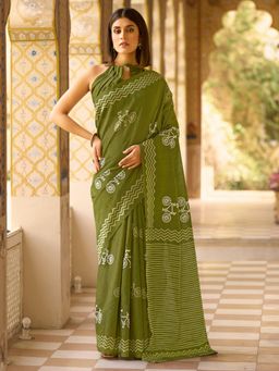 Sareemall - Women's Bhagalpuri Silk Olive Printed Designer Saree with Unstitched Blouse