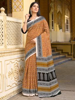 Akhilam - Women's Bhagalpuri Silk Mustard Printed Designer Saree with Unstitched Blouse