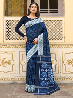 Akhilam - Women's Bhagalpuri Silk Navy Blue Printed Designer Saree with Unstitched Blouse
