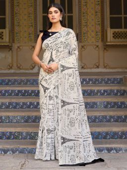 Sareemall - Women's Bhagalpuri Silk White Printed Designer Saree with Unstitched Blouse