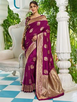 Akhilam - Women's Silk Blend Magenta Woven Design Celebrity Saree with Unstitched Blouse
