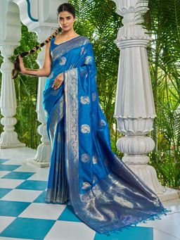 Akhilam - Women's Silk Blend Blue Woven Design Celebrity Saree with Unstitched Blouse