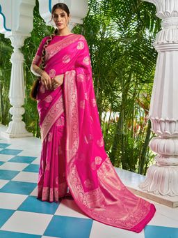 Akhilam - Women's Silk Blend Pink Woven Design Celebrity Saree with Unstitched Blouse