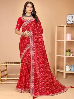 Akhilam - Women's Vicitra Silk Red Embellished Designer Saree with Unstitched Blouse
