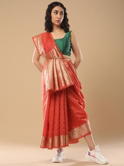 Akhilam - Women's Silk Blend Orange Woven Design Celebrity Saree with Unstitched Blouse
