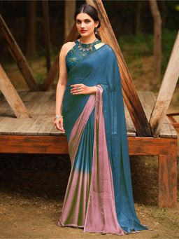 Sareemall - Women's Chiffon Teal Embellished Celebrity Saree with Unstitched Blouse