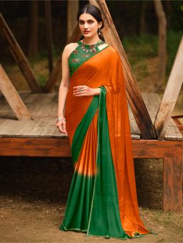 Sareemall - Women's Chiffon Orange Embellished Celebrity Saree with Unstitched Blouse