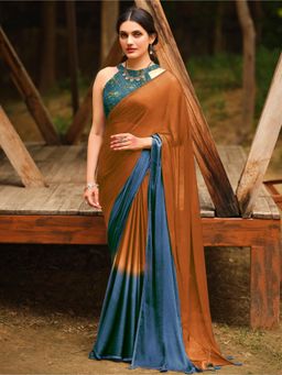 Sareemall - Women's Chiffon Brown Embellished Celebrity Saree with Unstitched Blouse