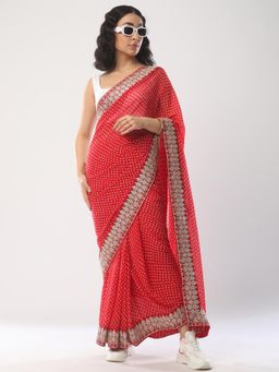 Akhilam - Women's Georgette Red Zari Embroidered Designer Saree with Unstitched Blouse