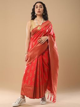 Akhilam - Women's Silk Blend Red Woven Design Designer Saree with Unstitched Blouse