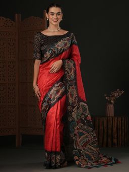 Akhilam - Women's Dola Silk Red Printed Designer Saree with Unstitched Blouse