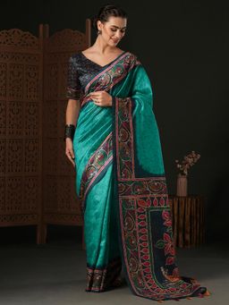 Akhilam - Women's Dola Silk turquoise Printed Designer Saree with Unstitched Blouse