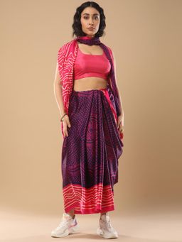 Akhilam - Women's Satin Silk Purple Printed Designer Saree with Unstitched Blouse