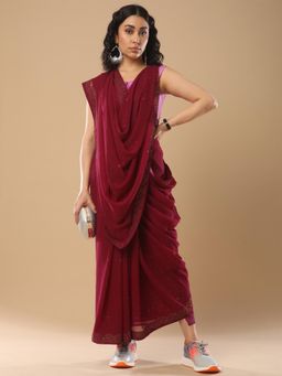 Akhilam - Women's Georgette Maroon Embellished Designer Saree with Unstitched Blouse