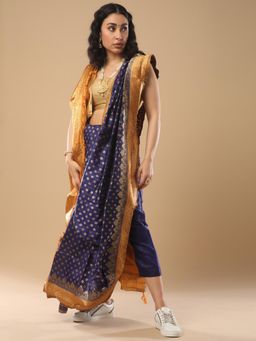 Akhilam - Women's Silk Blend Navy Blue Woven Design Celebrity Saree with Unstitched Blouse