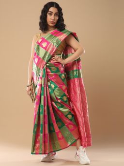 Akhilam - Women's Silk Blend Green Woven Design Designer Saree with Unstitched Blouse