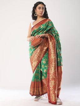 Akhilam - Women's Silk Blend Green Woven Design Celebrity Saree with Unstitched Blouse